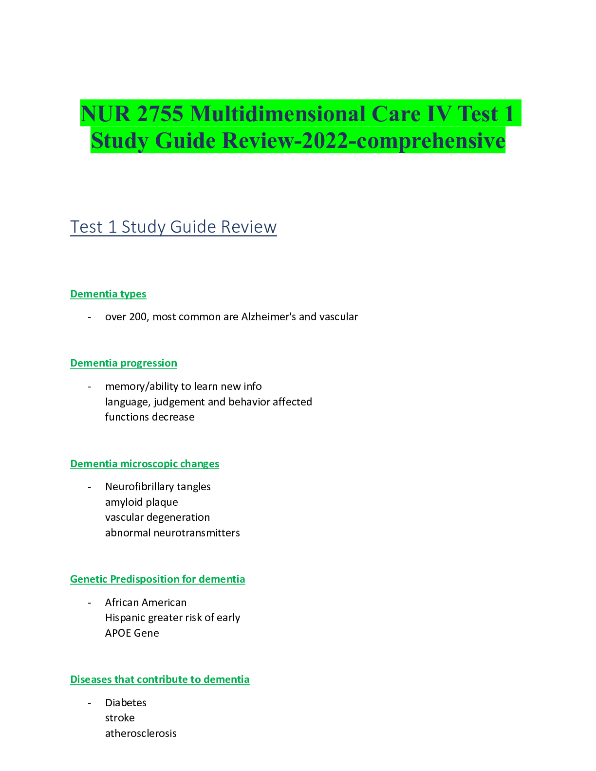 Preview image for NUR 2755 Multidimensional Care IV Test 1 Study Guide Review-2022-comprehensive